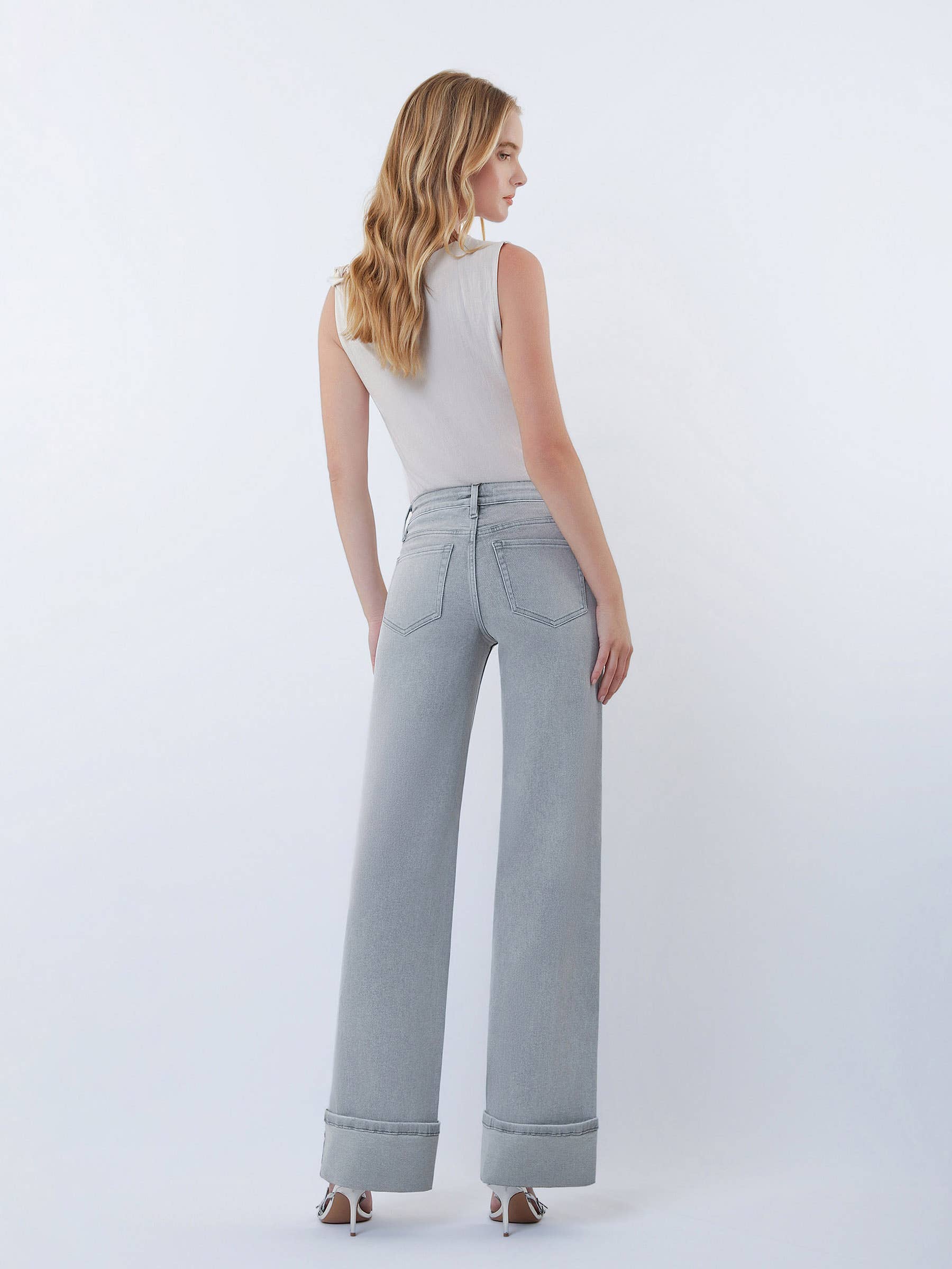 FLYING MONKEY MID RISE FULL LENGTH GREY CUFFED WIDE LEG JEANS
