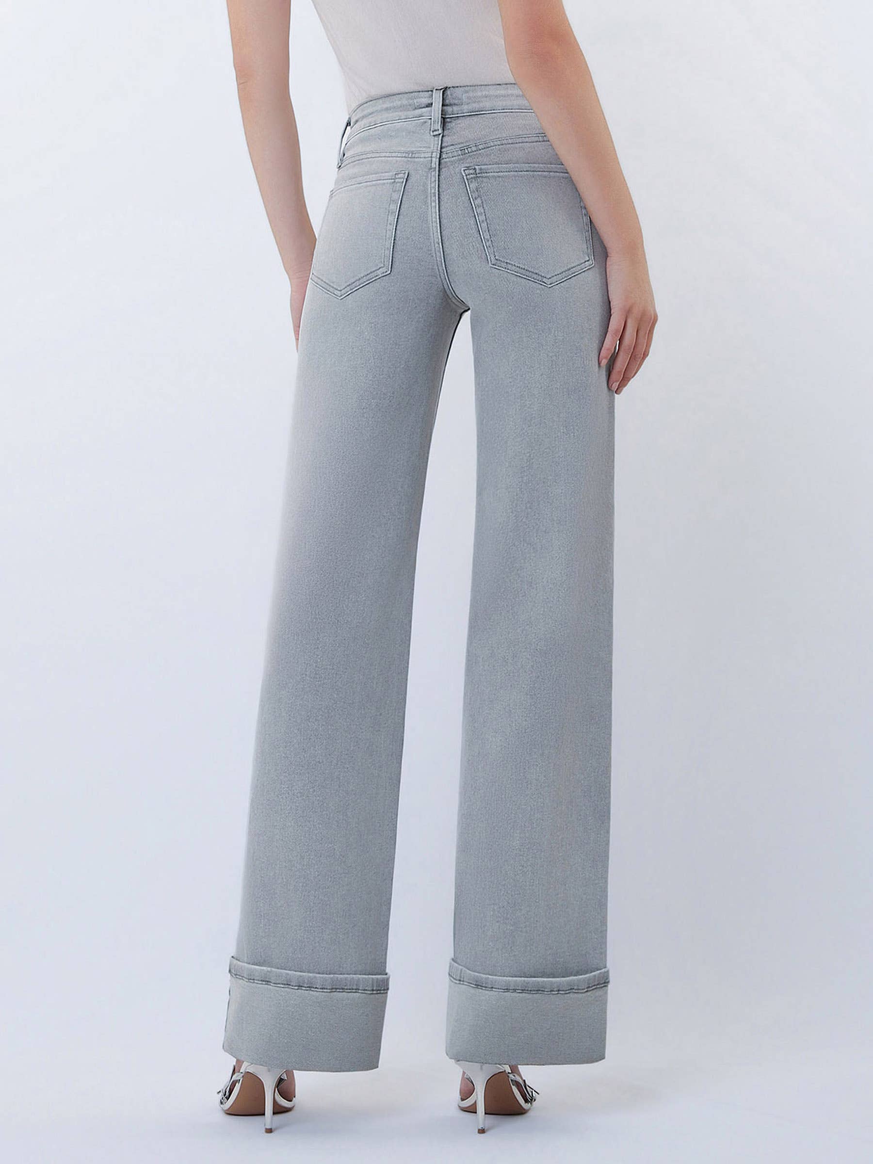FLYING MONKEY MID RISE FULL LENGTH GREY CUFFED WIDE LEG JEANS