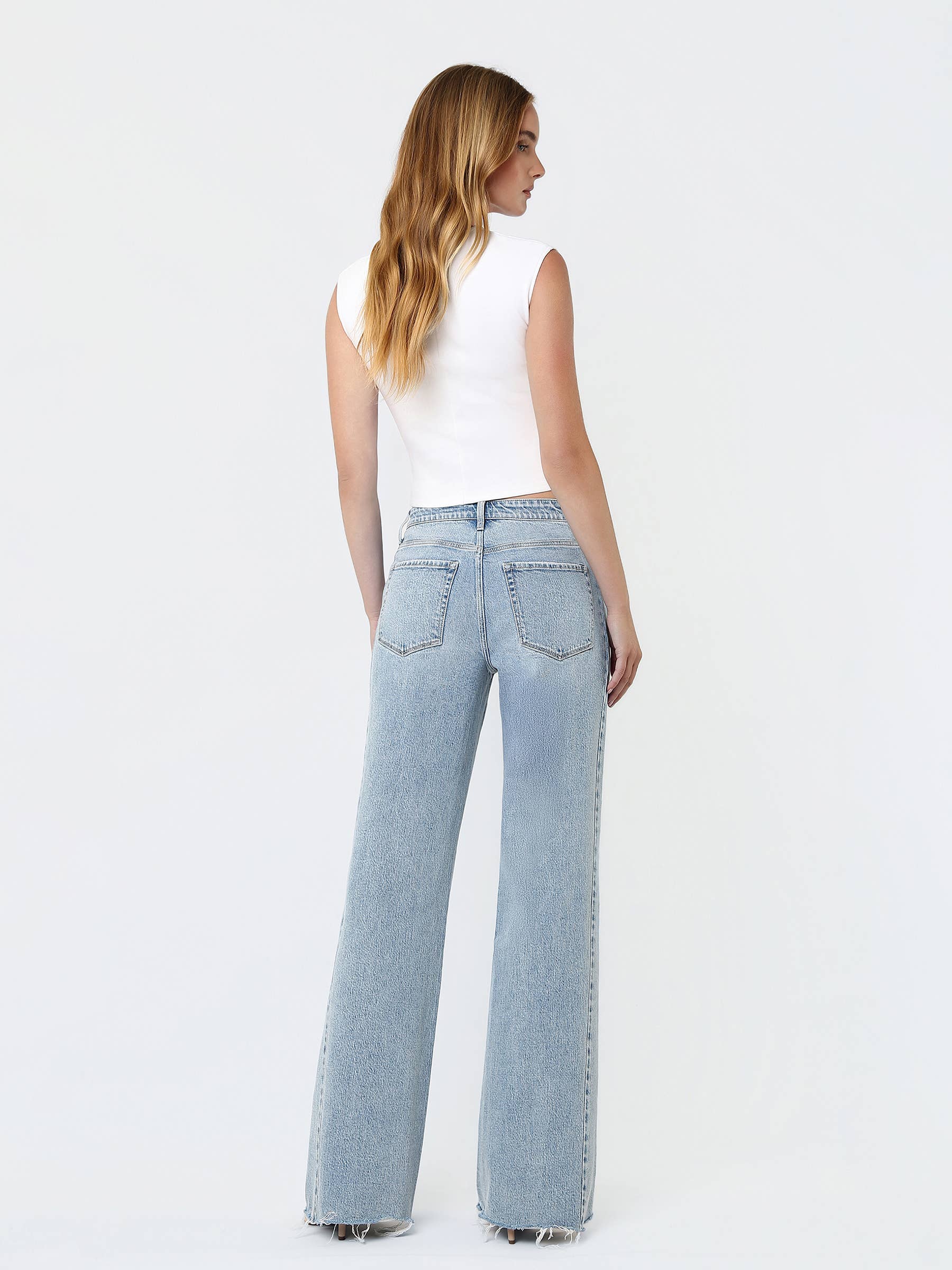 FLYING MONKEY SUPER HIGH RISE UNEVEN RAW HEM VINTAGE FLARE JEANS