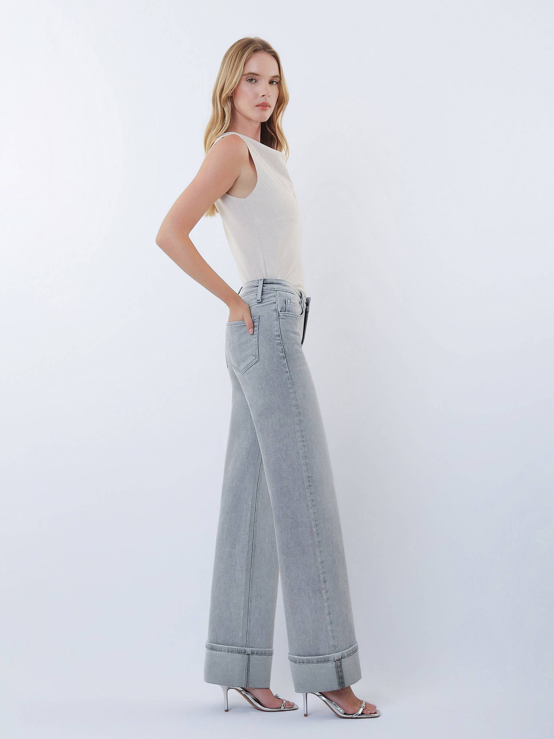 FLYING MONKEY MID RISE FULL LENGTH GREY CUFFED WIDE LEG JEANS