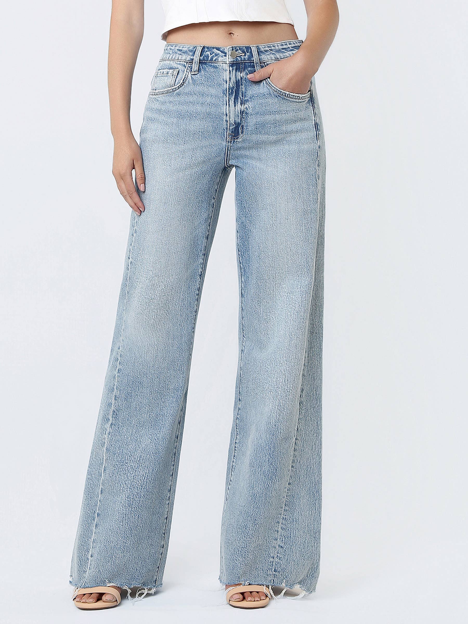 FLYING MONKEY SUPER HIGH RISE UNEVEN RAW HEM VINTAGE FLARE JEANS