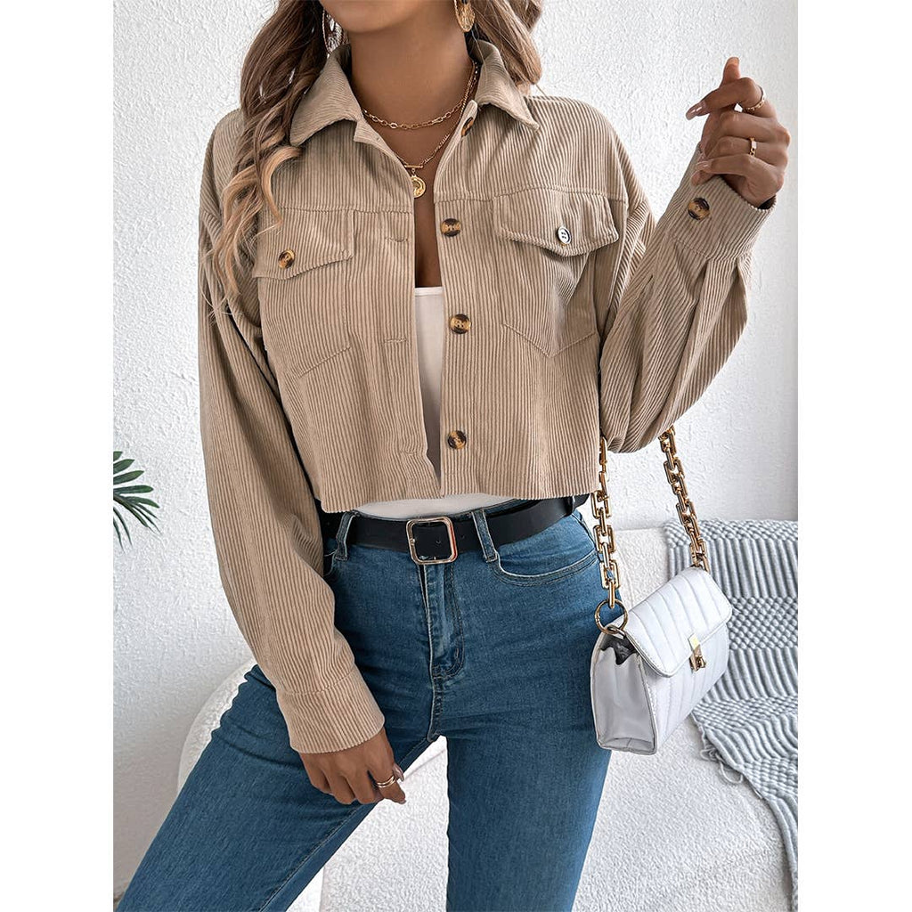 Casual Pocket Long-Sleeve Corduroy Short Jacket Coat