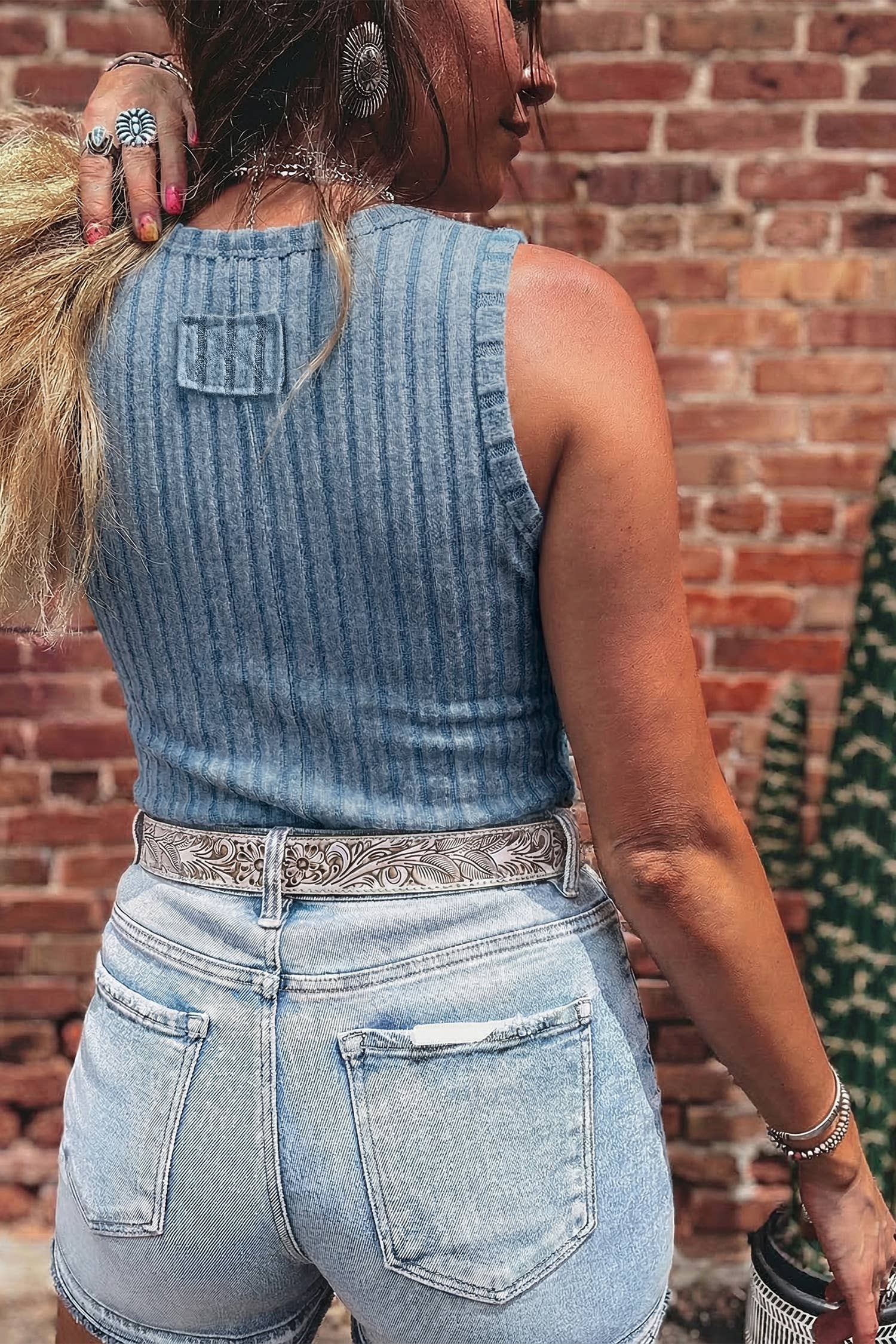 Western Solid Slim Ribbed Mineral Wash Tank Top 6Colors