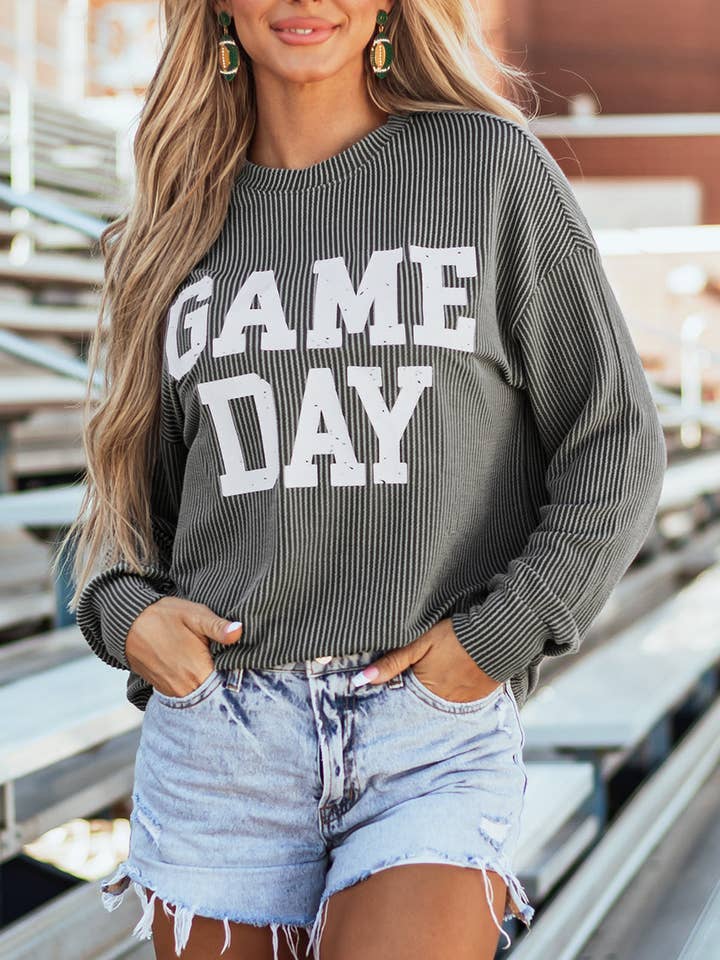 Dark Grey Corded GAME DAY Graphic Long Sleeve Top