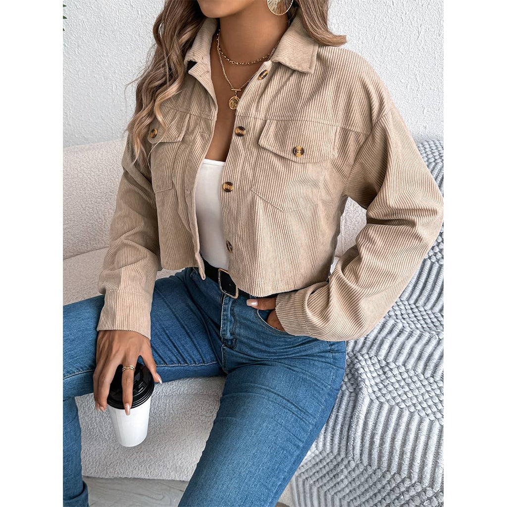 Casual Pocket Long-Sleeve Corduroy Short Jacket Coat