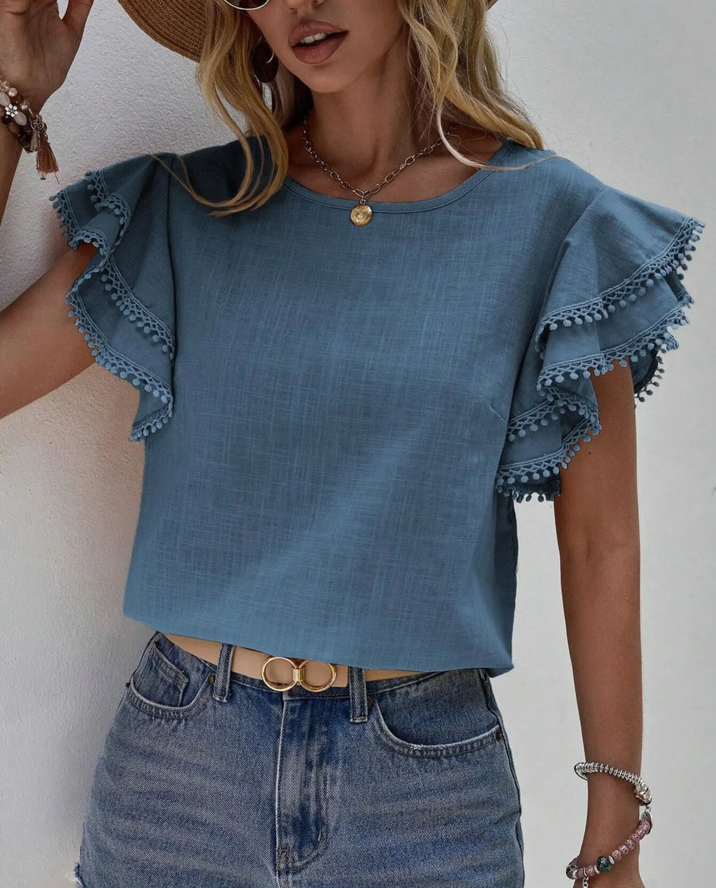 Sea Blue Textured Ruffle Sleeve Top