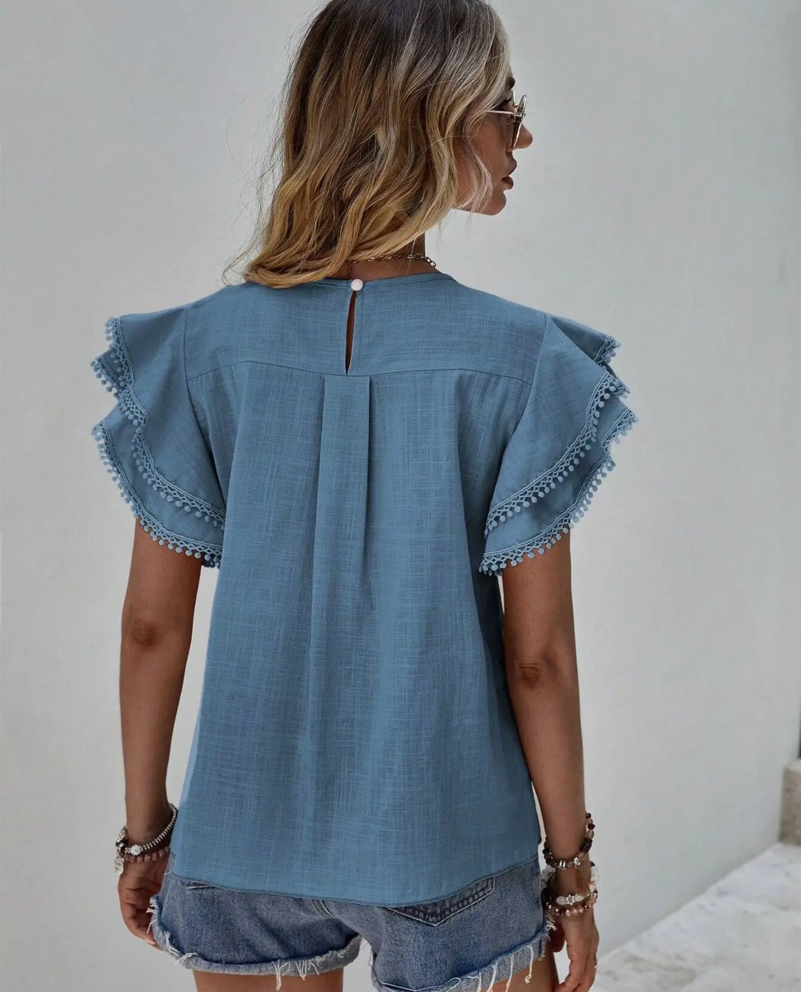 Sea Blue Textured Ruffle Sleeve Top