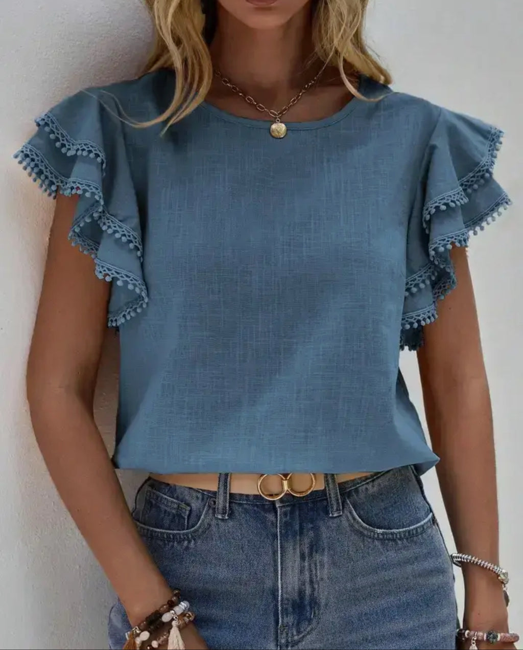 Sea Blue Textured Ruffle Sleeve Top