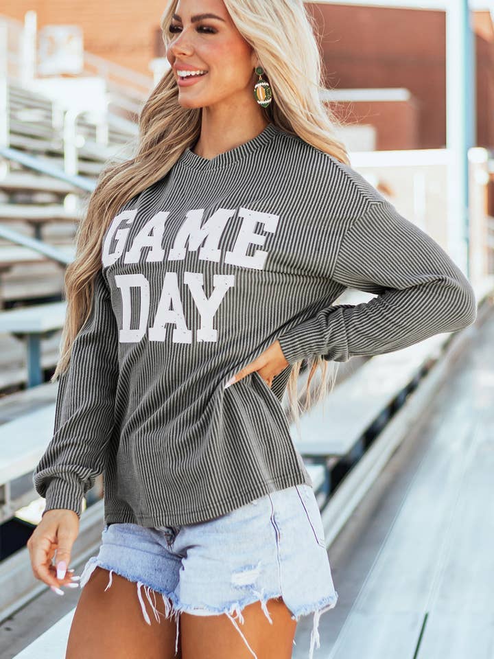 Dark Grey Corded GAME DAY Graphic Long Sleeve Top
