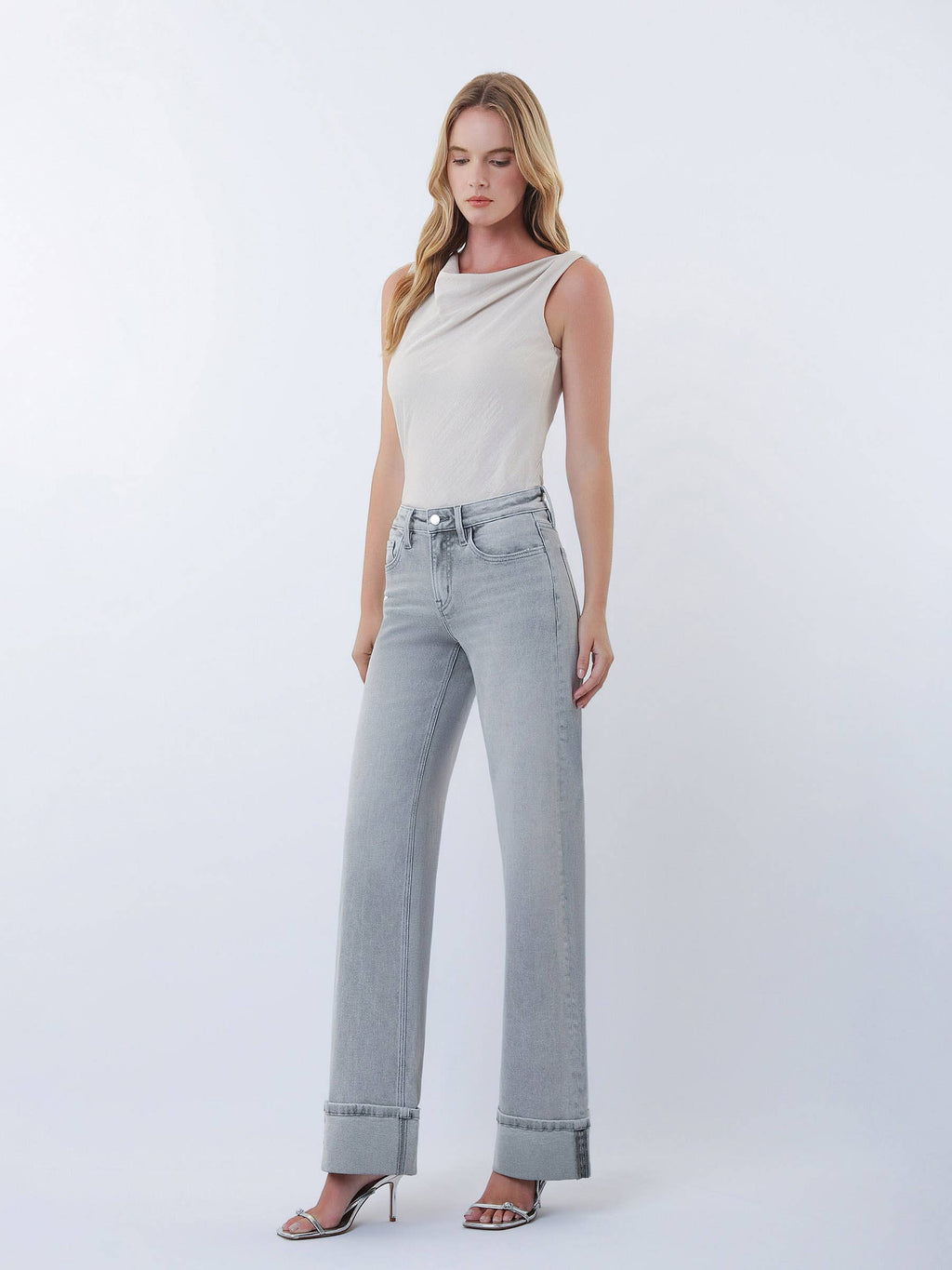 FLYING MONKEY MID RISE FULL LENGTH GREY CUFFED WIDE LEG JEANS