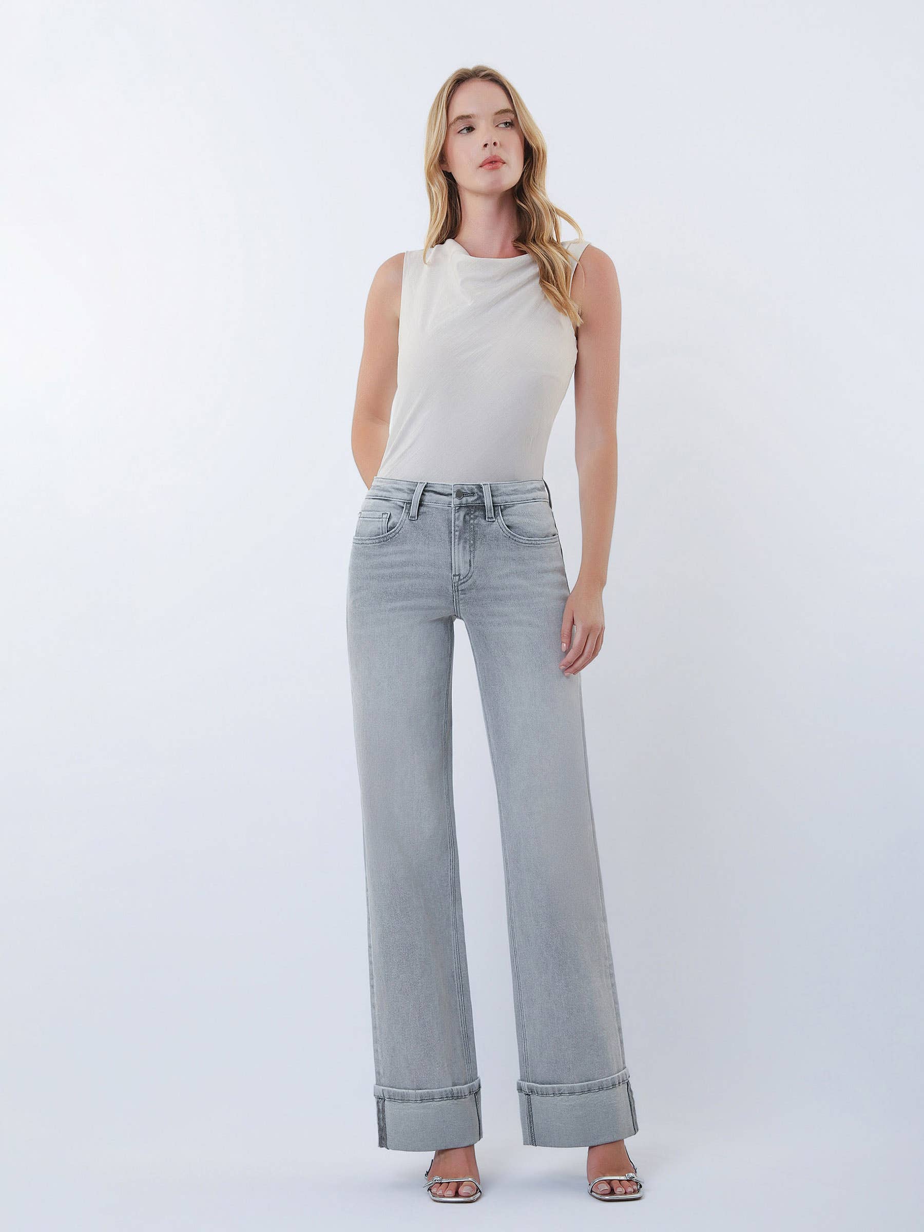 FLYING MONKEY MID RISE FULL LENGTH GREY CUFFED WIDE LEG JEANS