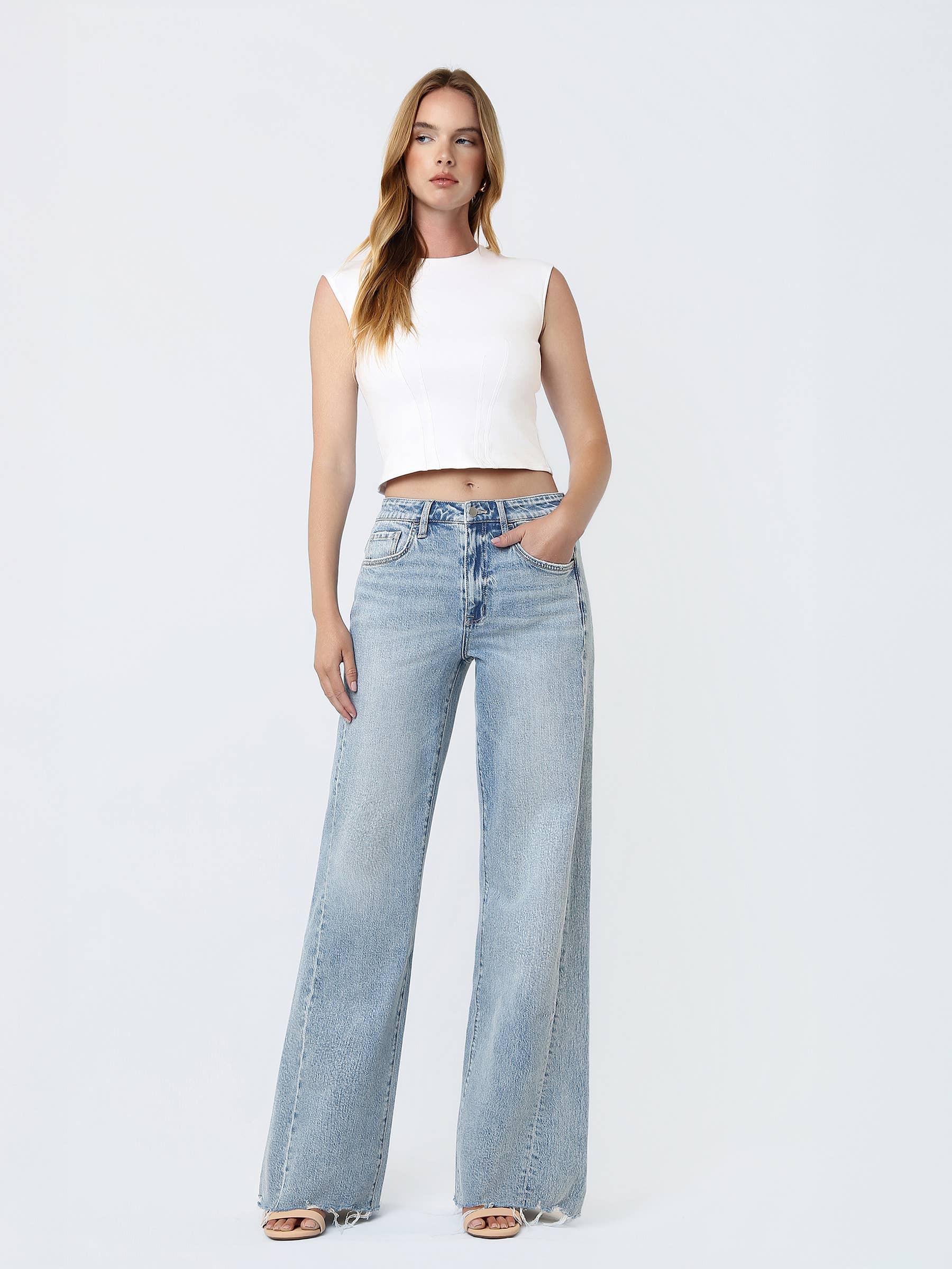 FLYING MONKEY SUPER HIGH RISE UNEVEN RAW HEM VINTAGE FLARE JEANS