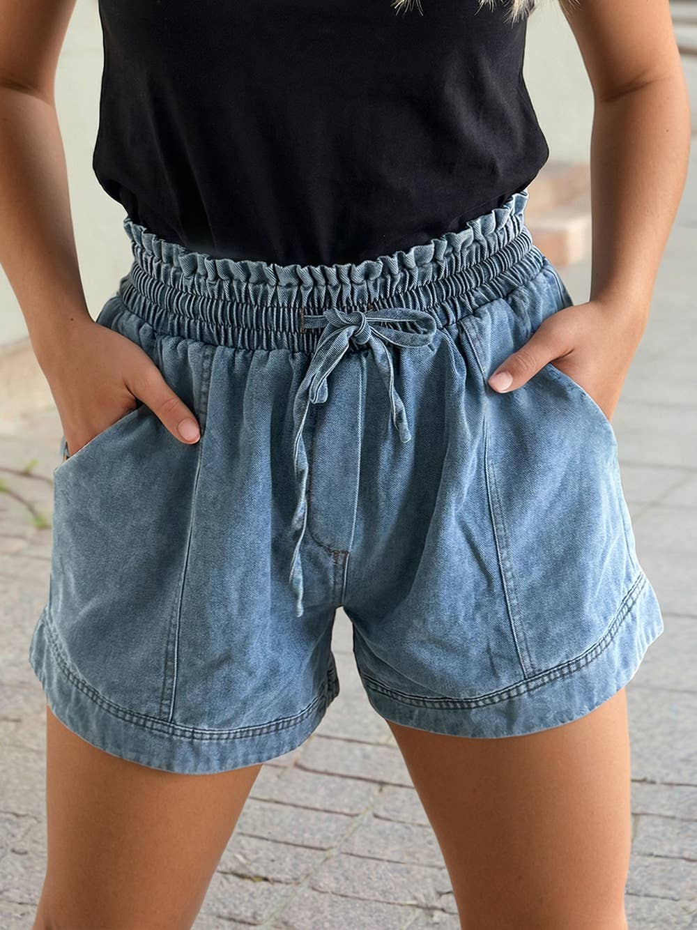 Summer Smocked Elastic Waist Denim Shorts