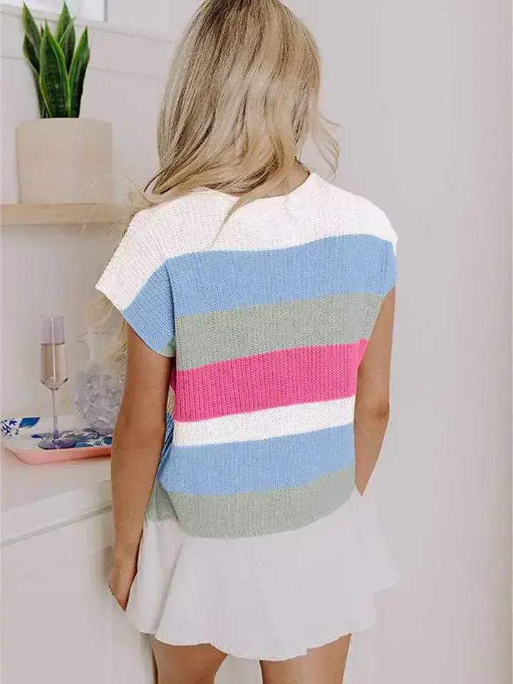 Color Block Striped Knit Short Sleeve Summer Top