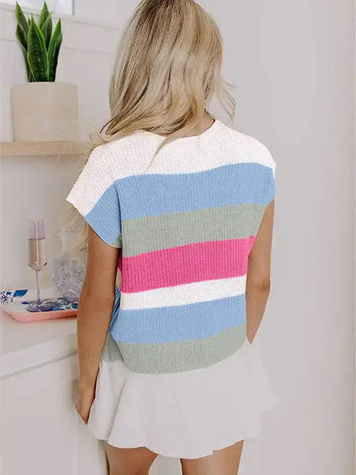 Color Block Striped Knit Short Sleeve Summer Top