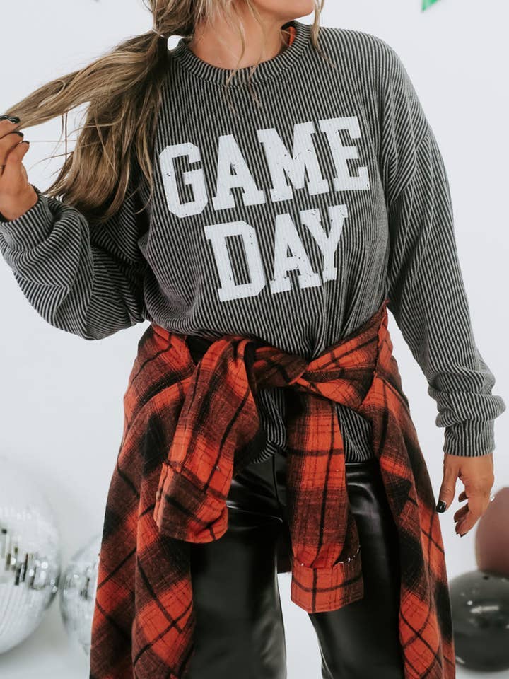 Dark Grey Corded GAME DAY Graphic Long Sleeve Top