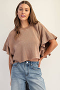 PL8297 - WAFFLE KNIT TIERED FLUTTER SLEEVE CROP TOP