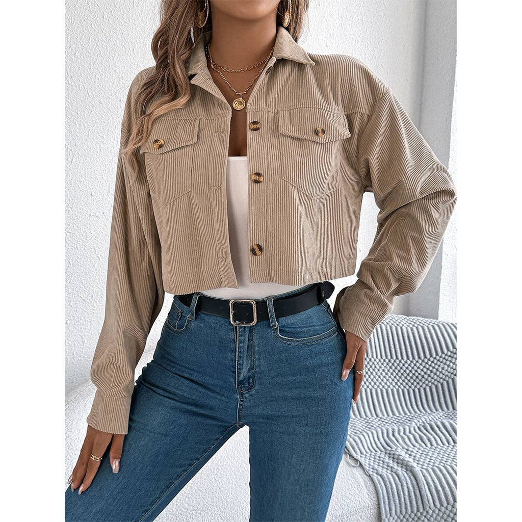 Casual Pocket Long-Sleeve Corduroy Short Jacket Coat