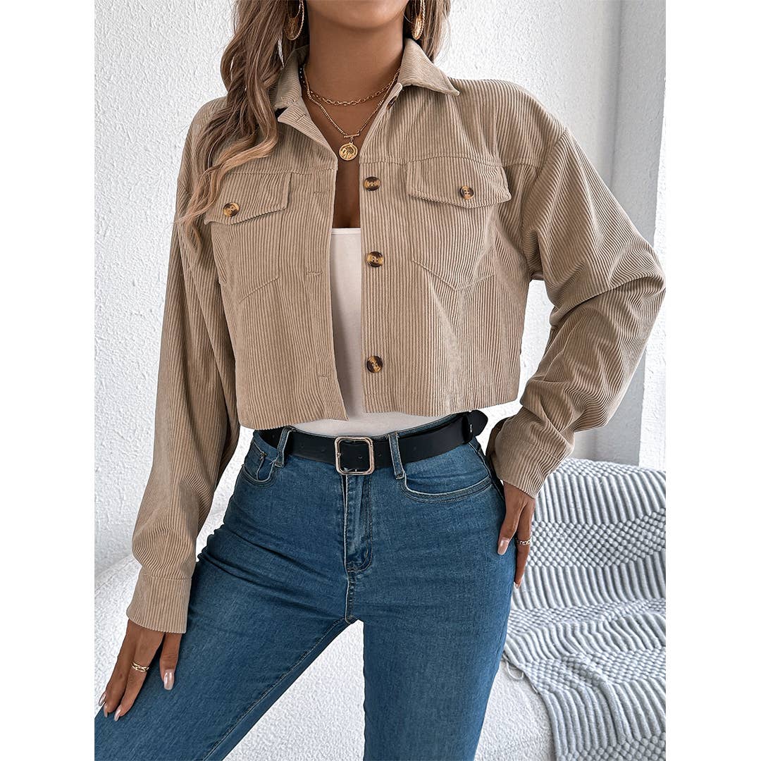 Casual Pocket Long-Sleeve Corduroy Short Jacket Coat